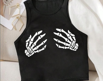 Skeleton Hand Graphic Racerback Crop Tank – Y2K Snug Fit Baby Tee Style, Spooky Cute Goth Halloween Shirt, Gift for Her.