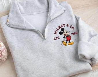Embroidered Mickey & Co 1928 Quarter Zip Sweatshirt Retro Vintage Disney Fitted Park Outfit Sweatshirt