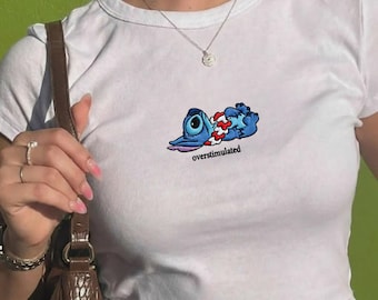 Overstimulated Stitch Embroidered Baby Tee, Cute Disney Inspired Crop T Shirt, Funny Stitch Shirt, Disneyland Trip Outfit, Cute Baby Tee