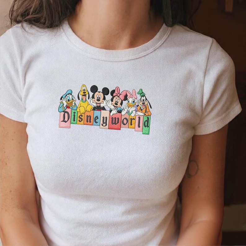 May include: White t-shirt with a colourful graphic of Disney characters: Mickey, Minnie, Donald, Daisy, Goofy, and Pluto. The word "Disneyworld" is printed below the characters in colourful block letters.