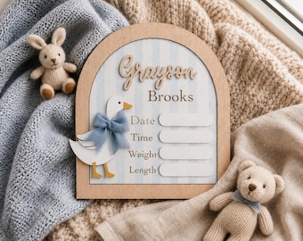 Personalized Goose Birth Announcement Sign, Custom Baby Name Plaque, Basswood Newborn Birth Stats Sign, Nursery Decor, Baby Shower Gift