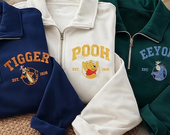Embroidered Winnie the Pooh Friends Quarter Zip Sweatshirt, Tigger Piglet Eeyore Disney Zipper Sweatshirt