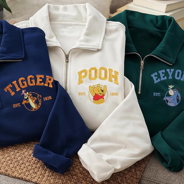 Embroidered Winnie the Pooh Friends Quarter Zip Sweatshirt, Tigger Piglet Eeyore Disney Zipper Sweatshirt
