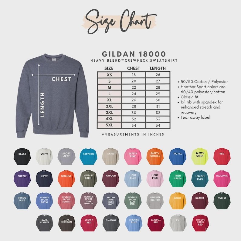 May include: A heather gray Gildan 18000 crewneck sweatshirt with a size chart and color options. The size chart shows chest and length measurements in inches. Available colors include black, white, and red.