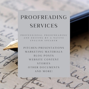 May include: A light grey rectangle with the words "PROOFREADING SERVICES" in bold, black text. Below, smaller text lists services: professional proofreading, editing, pitches, presentations, marketing materials, blog posts, website content, stories, and other documents.