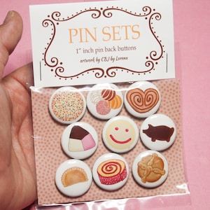 Pan dulce pin set.  Wear or display your favorite pan dulce with these fun 1&quot; pin back buttons. cbjbylorena