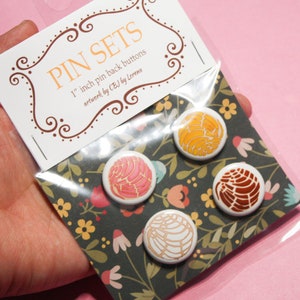 Concha pin set. Wear or display your favorite pan dulce with these fun 1&quot; pin back buttons. cbjbylorena