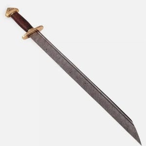 Hand Forged Damascus Steel Viking Sword - Rosewood Handle & Wooden Scabbard