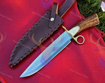 Handmade Tombstone Bowie Knife: Stag Handle, Leather Sheath