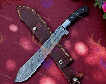 Hand-Forged Damascus Steel Machete: Densified Wood Handle, Leather Sheath