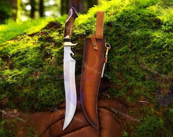 Handmade D2 Steel Bowie Knife: Stag Antler Handle, Hunting Sheath