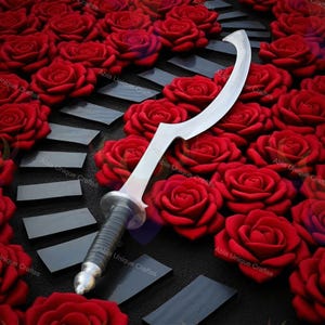 May include: A curved, silver-colored blade with a black and silver handle, set against a backdrop of red roses. The blade has a distinctive shape, and the handle appears to be wrapped for grip. The roses are arranged around a path of dark gray tiles.