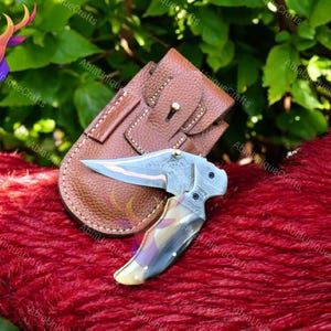 COPPER DAMASCUS HANDMADE Folding Knife – A Timeless Anniversary Gift for Your Husband with Ram Horn Handle
