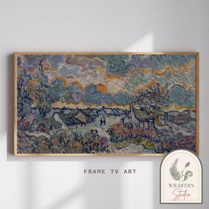 May include: A framed print of a village scene, reminiscent of Van Gogh's style. The artwork features a palette of blues, greens, and yellows, with visible brushstrokes. The frame is a light wood color. The text "FRAME TV ART" is visible.