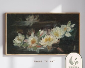 May include: A painting of white water lilies in a dark pond. The lilies are in various stages of bloom, with some fully open and others still in bud. The painting is done in a realistic style, with a focus on the details of the flowers and leaves.