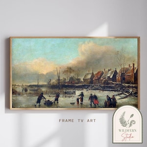 Cuadro para TV / Escena invernal de río congelado (pintura al óleo vintage)