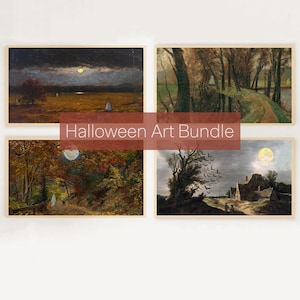 May include: Four framed vintage landscape paintings with a Halloween theme. The art features dark skies, full moons, and figures in the distance. The text "Halloween Art Bundle" is displayed across the center of the image.