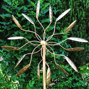 Stanwood Wind Sculpture: Kinetic Copper Dual Spinner - Spinning Ficus Leaves