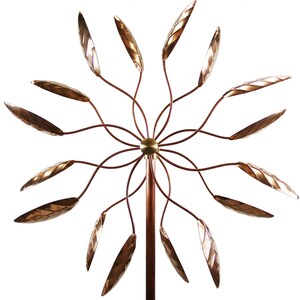 May include: A copper wind spinner with 12 leaves that spin in the wind. The leaves are shaped like elongated teardrops and have a textured surface. The wind spinner is mounted on a copper pole.