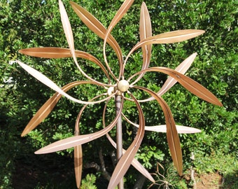 Stanwood Wind Sculpture: Large Kinetic Copper Dual Spinner - Dancing Willow Leaves (Jumbo 3-ft Across, 9-ft Tall)