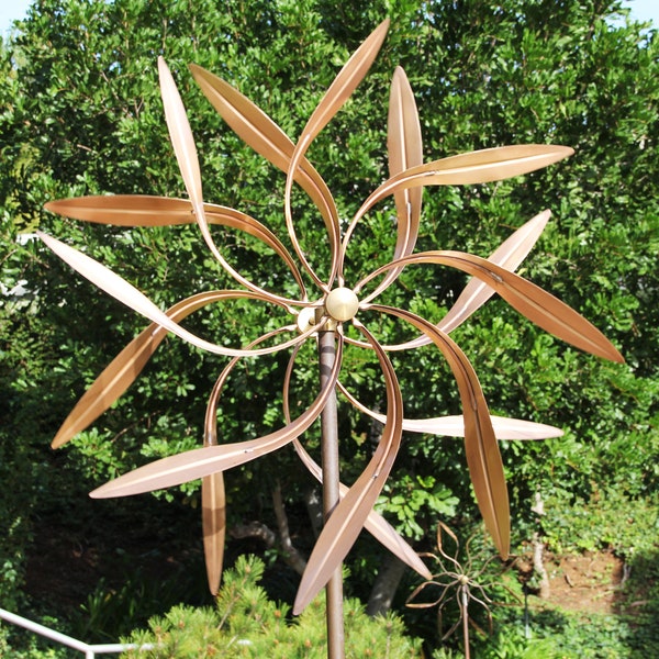 Stanwood Wind Sculpture: Large Kinetic Copper Dual Spinner - Dancing Willow Leaves (Jumbo 3-ft Across, 9-ft Tall)