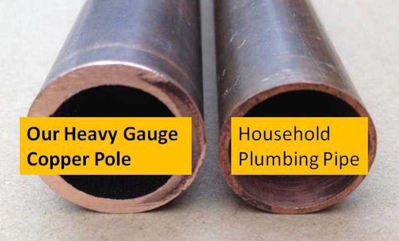 May include: Close-up of two copper pipes side-by-side. The pipe on the left is labeled "Our Heavy Gauge Copper Pole" and the pipe on the right is labeled "Household Plumbing Pipe".
