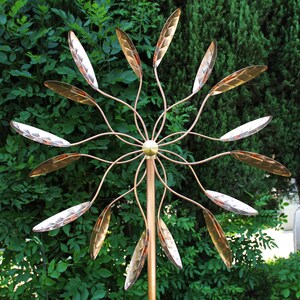 May include: A copper wind spinner with multiple leaves that spin in the wind. The leaves are arranged in a circular pattern around a central pole. The wind spinner is a decorative garden ornament.