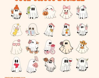 Può includere: Una collezione di simpatiche illustrazioni di fantasmi in varie pose, alcuni con bevande, fiori o accessori. Il testo "CUTE GHOST BUNDLE" è in alto. La parte inferiore dell'immagine include il testo "INSTANT DOWNLOAD: SVG | EPS | PDF | PNG | AI | DXF | JPEG".