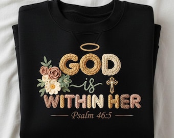 Kunstgaren God is in haar PNG, christelijk garen png, bijbelvers, Jezus Christus, kruisteken, gebreide letters, religieus, sublimatie, digitaal