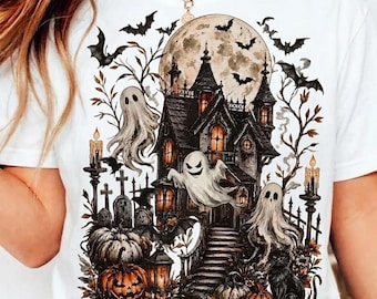 Spookhuis PNG, griezelige geest PNG, pompoen PNG, spookhuis voor Halloween PNG, sublimatie PNG, klassieke Halloween-monsters, schattige geest