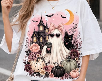 Schattige spookjes met bloemenmotief voor Halloween PNG, Spookhuis PNG, Spookhuis voor Halloween PNG, Halloween shirtontwerp, Spookje met bloemenmotief voor de herfst, Griezelige herfst