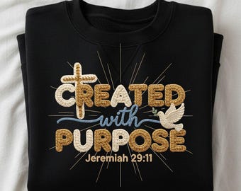 Created with Purpose Faux Yarn Png, Knitted Letters, Jesus Christ Shirt Design, Bible Verse, Christian PNG, Sublimation, Digital Download