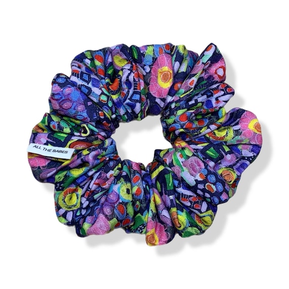 Hair Scrunchies, Extra Fluffy, Made from 100% Cotton. Rich, Purple, Pink & Green abstract Flowers.