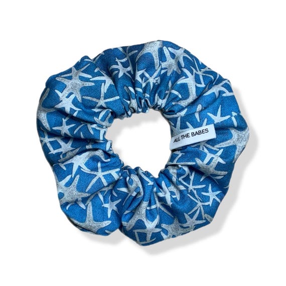 Hair Scrunchies, Made of 100% Cotton. White Star Fish on Blue background. Summer style hair accessory, super comfortable to wear.
