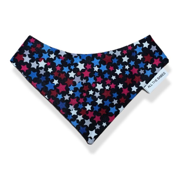 Petite Scrunchie Dog Bandana, pullover style with elastic neck. Patriotic red, white and blue stars. Easy on and off. Handmade in the USA.