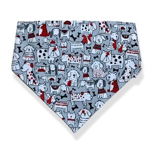 Scrunchie Dog Bandana, Cartoon dogs drawn in black, white and Red on a gray background with dog bones too. Handmade in the USA