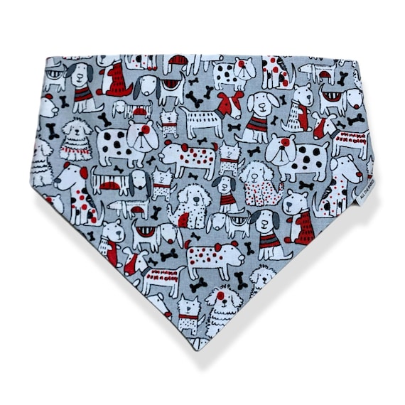 Scrunchie Dog Bandana, Cartoon dogs drawn in black, white and Red on a gray background with dog bones too. Handmade in the USA