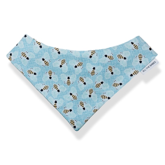 Scrunchie Dog Bandana Pullover Style with elastic neck. Yellow Bumblebees with white wings on a light blue background. Handmade in the USA.