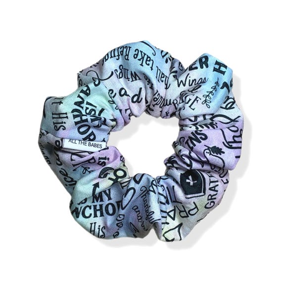 Hair Scrunchies, Made of 100% Cotton. Biblical Words Of Encouragement on a Blue and Purple background. Summer style hair accessory.