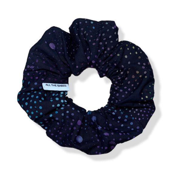 Hair Scrunchies, Made of 100% Cotton. Black Batik fabric with rich multi color dots and spots. Beautiful for casual or elegant settings.