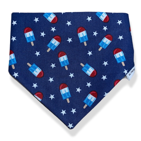 Scrunchie Dog Bandana, Patriotic Popsicles and stars. Great summer fun pet adventure wear! Handmade in the USA.