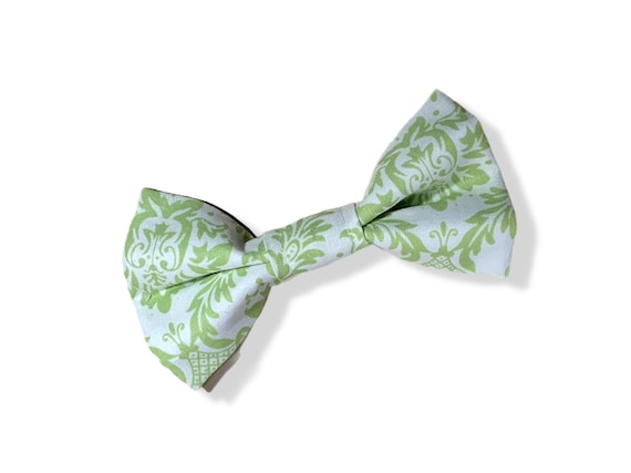 Pet Bow Tie - Large, 2 elastic strips in back for up to 1 inch collar. Green and Cream. Large size approx. 5.5 inches.
