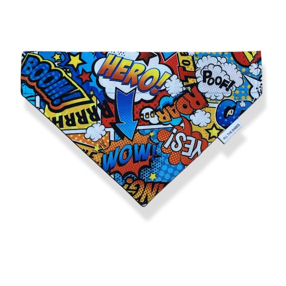 Over the collar Style Dog Bandana, Super Hero Phrase Dog Bandana. Fun Comic Book Theme. Handmade in the USA