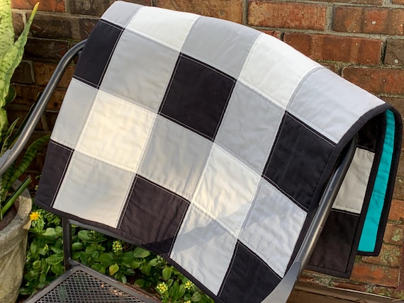 Baby Quilt, Traditionally made, cotton, buffalo plaid, black & cream w/ teal. Perfect for crib, stroller, tummy time, car or couch snuggling
