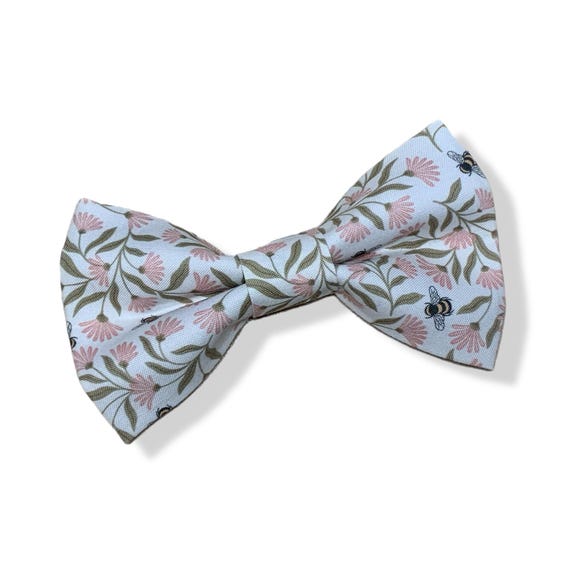 Pet Bow Tie - Large, 2 elastic strips in back for up to 1 inch collar. Pink flowers and Bumblebees. Large size approx. 5.5 inches.