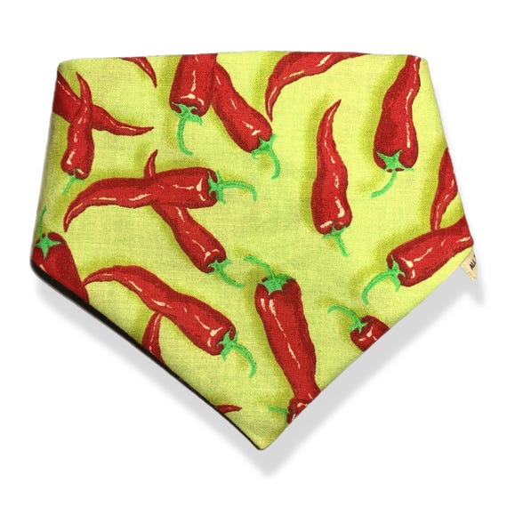 Scrunchie Dog Bandana, Red Chili Peppers on bright green background. Handmade in the USA
