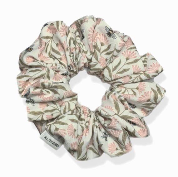 Hair Scrunchie, Extra Fluffy, 100% Cotton, Pink Flowers, and bumblebees on an off white background. Super cute and comfortable to wear.