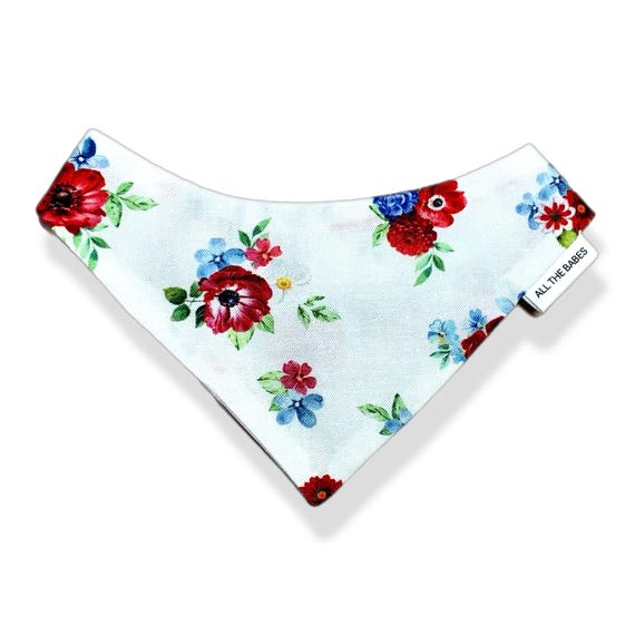Petite Scrunchie Dog Bandana, pullover style with elastic neck. Red White & Blue Flowers Independence Day. Easy on and off. Handmade in USA.