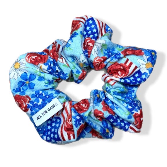 Hair Scrunchies, Made of 100% Cotton. Red and Blue Flowers and Flags. Patriotic, Summer Theme. Super comfortable to wear.