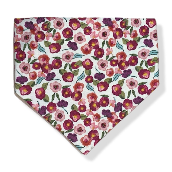 Scrunchie Dog Bandana, X-Small, Pink, Burgundy and Berry colored flowers. Great summer fun pet adventure wear! Handmade in the USA.